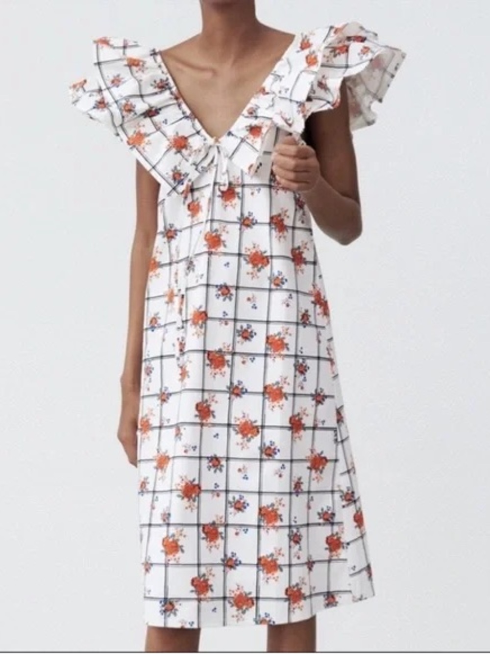ZARA RUFFLE COLLAR MIDI DRESS - Picture 10 of 10